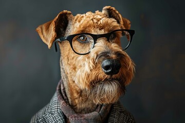Airedale Terrier Dog with Glasses - obrazy, fototapety, plakaty