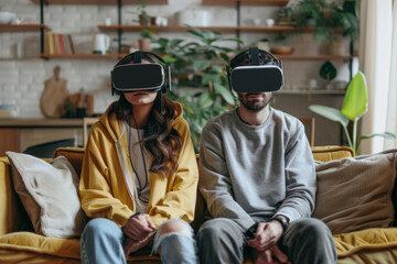 A couple in casual attire immerses themselves in a virtual reality experience, seated side by side on a cozy couch at home, surrounded by warm decor and indoor plants.