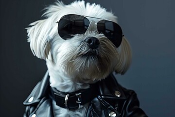 Bichon Frise Dog with Sunglasses and Leather Jacket - obrazy, fototapety, plakaty