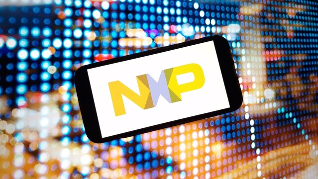 Konskie, Poland - March 02, 2024: NXP Semiconductors company logo displayed on mobile phone screen