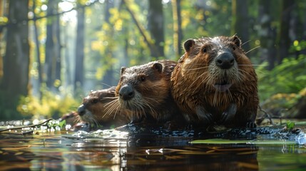 Three beavers on the river