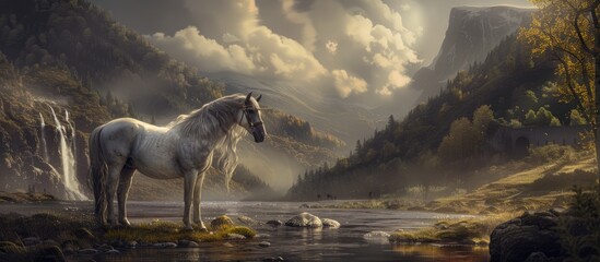 Obraz na płótnie Canvas A painting depicting a majestic white horse standing proudly in a mountain stream. The horses graceful stance contrasts against the rushing water. The serene surroundings of the mountain stream