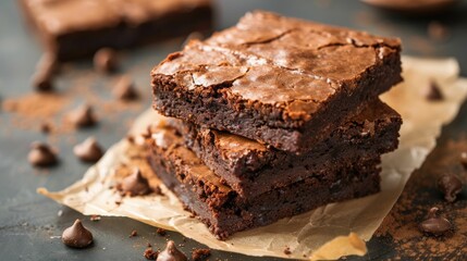 A stack of homemade chocolate brownies on parchment