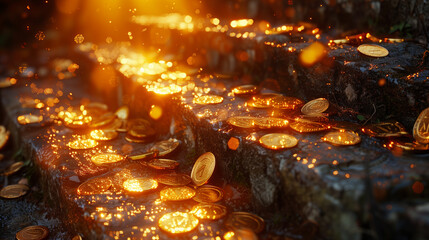 Pile of shimmering gold coins glints in the sun on the steps.