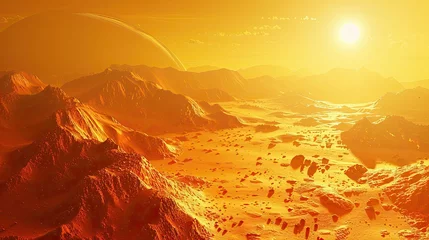 Foto op Aluminium Vivid orange hues illuminate an alien planet landscape with a sun on the horizon © Vodkaz