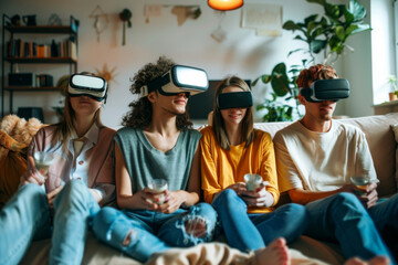 A group of four friends, with drinks in hand, delve into a virtual reality experience, lounging comfortably amidst a plant-filled living space. - obrazy, fototapety, plakaty