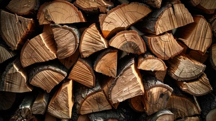 Rolgordijnen Close-up of stacked firewood showing detailed wooden textures © Vodkaz