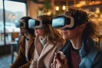 Diverse friends with VR headsets explore virtual landscapes, a scene of excitement and innovation set against the backdrop of a vibrant cafe.