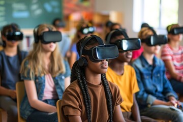 Fototapeta na wymiar Students in a classroom setting are engaged in an interactive learning experience using virtual reality headsets, showcasing the integration of VR in education.