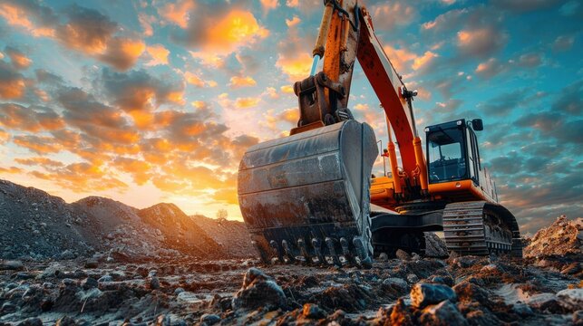 An excavator against a sunset sky at a rocky construction site