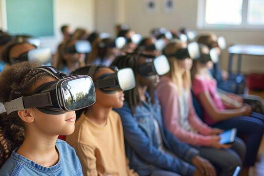 A classroom full of students experiences a virtual journey, wearing VR headsets, pointing to the future of immersive and interactive education.