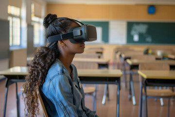 A young woman sits at a desk in a sunlit classroom, her face immersed in a virtual reality headset, exploring a digital landscape.