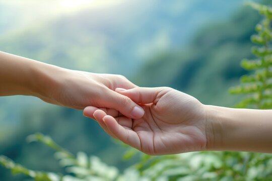 Handshake on a green background. Blurred nature background. Two hands reach out to each other. The concept of friendship and mutual assistance. Support. Help