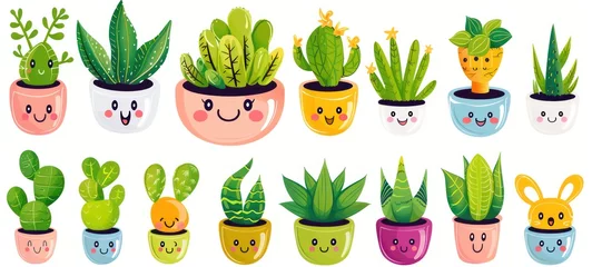Fotobehang Cute happy funny succulents plants,cacti,flower emoji set collection. cartoon kawaii character illustration.Scculents,flowerpot,cactus plants stickers bundle concept.Isolated on white background © Ibad