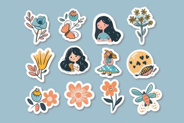 Fototapeta premium Simple vector sticker set depicting a spring aesthetic, cute girl