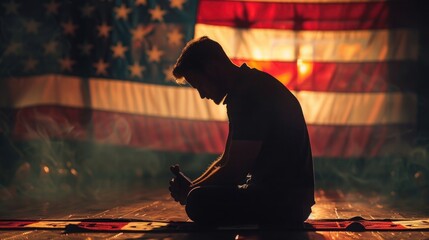 National Day of Prayer. The soldier knelt in prayer.