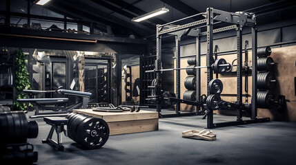 A gym for powerlifting enthusiasts, emphasizing heavy-duty racks and platforms. - obrazy, fototapety, plakaty