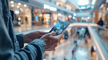 a man's hand holding a mobile smartphone, tablet, and cellphone over a blurred shopping center background. - obrazy, fototapety, plakaty