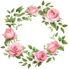 Watercolor wreath of Rose flowers. Pink floral frame isolated botanical illustration. Blossom roses design.