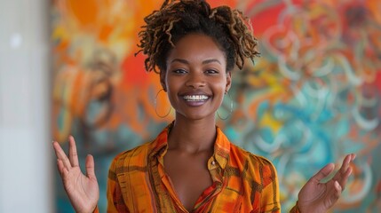 Woman Standing in Front of Colorful Wall