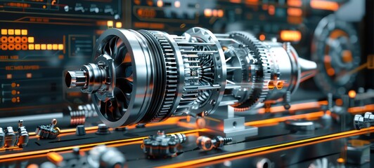 Engineering designer design 3D CAD software program Industrial engine model mechanical dimensional digital manufacturing factory engineer computer screen. 3d rendering.