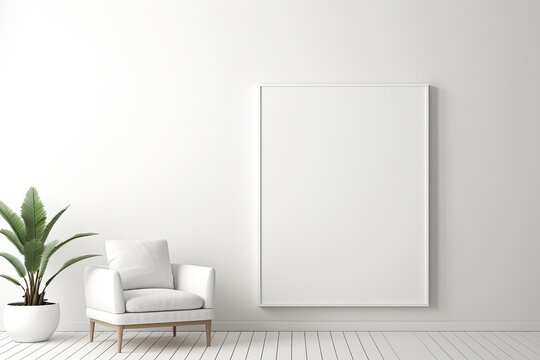 Minimalism Interior Design Concept with Mock Up Poster. White Floor and Blank Decoration in 3D