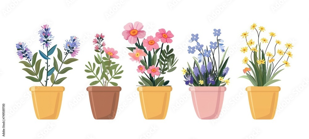 Wall mural flowers pot. nature cartoon illustration of flowers and leaves beautiful collection. blossom plant,  - Wall murals