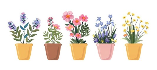 Flowers pot. Nature cartoon illustration of flowers and leaves beautiful collection. Blossom plant, botanical flowerpot - obrazy, fototapety, plakaty