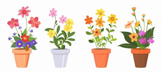 Flowers pot. Nature cartoon illustration of flowers and leaves beautiful collection. Blossom plant, botanical flowerpot