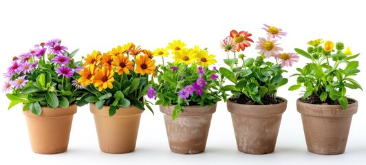 Different flowers in pots isolated on white - obrazy, fototapety, plakaty