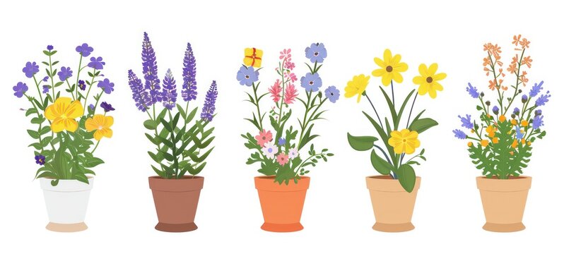 Flowers pot. Nature cartoon illustration of flowers and leaves beautiful collection. Blossom plant, botanical flowerpot