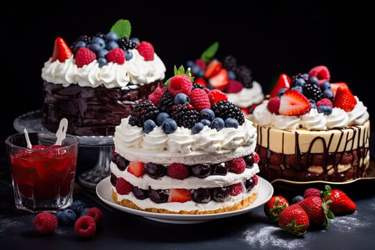 Assorted Cakes - Decadent Selection of Chocolate, Berry & Nut Cakes on a Black Table 