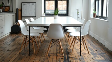 Dining Room Table With White Chairs and Black and White Rug