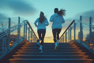 fitness, sport, people, exercising and lifestyle concept - couple running upstairs on city stairs