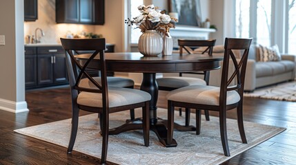 Dining Room Table With Chairs and Vase of Flowers