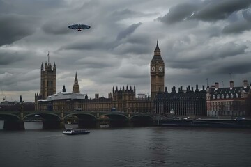 Fototapeta na wymiar London with UFO Spaceship on a Cloudly Day
