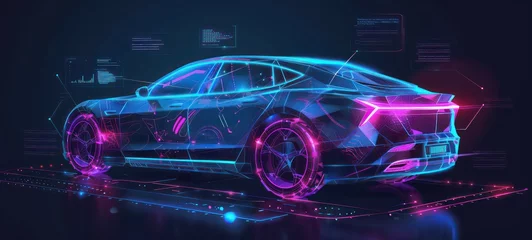 Fotobehang Hologram auto, futuristic polygonal model auto. Smart auto ai. Wireframe in line low-poly style. Smart automobile. illustration in futuristic style © Ibad