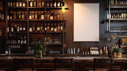mock-up stick blank frame menu in a restaurant bar, featuring a booklet stand with a white sheet on a wooden table.