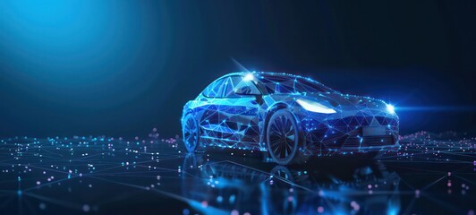 Hologram auto, futuristic polygonal model auto. Smart auto ai - obrazy, fototapety, plakaty