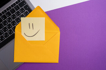Paper cards with various emoticons on a colored background, banner and place for text. Conceptual image of positive thinking and satisfaction level - Powered by Adobe