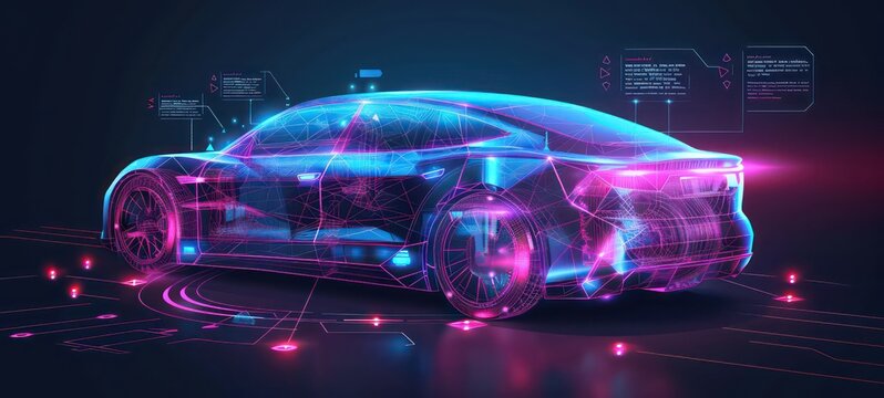 Hologram auto, futuristic polygonal model auto. Smart auto ai. Wireframe in line low-poly style. Smart automobile. illustration in futuristic style
