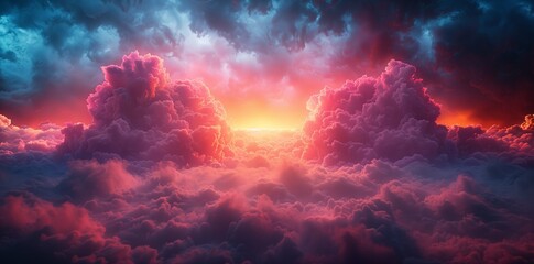 The sun shines through the purple clouds in the sky afterglow - obrazy, fototapety, plakaty