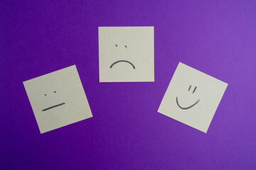 Paper cards with various emoticons on a colored background, banner and place for text. Conceptual image of positive thinking and satisfaction level
