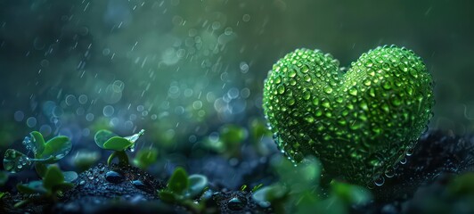 Love for nature with human heart in green colors covered with rain drops