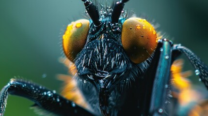 Macro photo of a bee melting in the background of a bokeh with a rich forest ecosystem. - obrazy, fototapety, plakaty