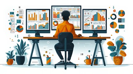 illustration of businessman work with infographics or charts representing complex datasets,