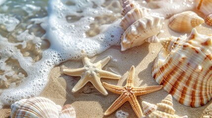 featuring shells and starfish on a sandy beach.