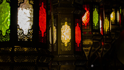 multiple colorful Ornamental turkish lanterns, ramadan decoration
