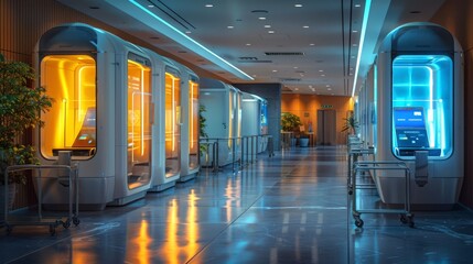 Fototapeta premium Airy and empty polling station with electronic voting booths. Concept of elections, serene voting experience, modern electoral facilities, transparent democracy, and accessible voting.