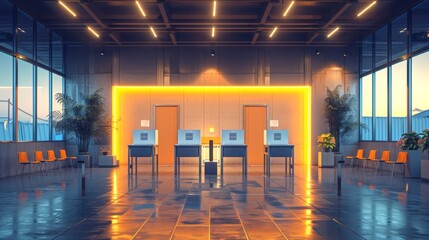 Futuristic polling station with illuminated neon accents and voting booths in a sleek interior. Concept of elections, modern voting, innovative electoral design, and inviting polling place. - obrazy, fototapety, plakaty
